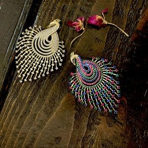 Large gold and multicolor peacock pendants in sterling silver